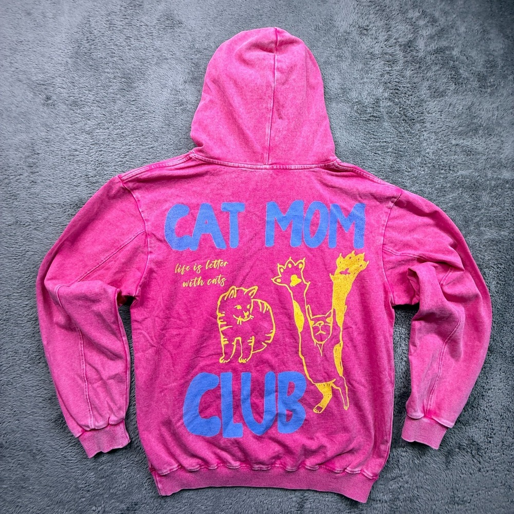 Cat Mom Club Pink Hoodie Pullover Adult M Stone Wash NWOT Kangaroo Pocket